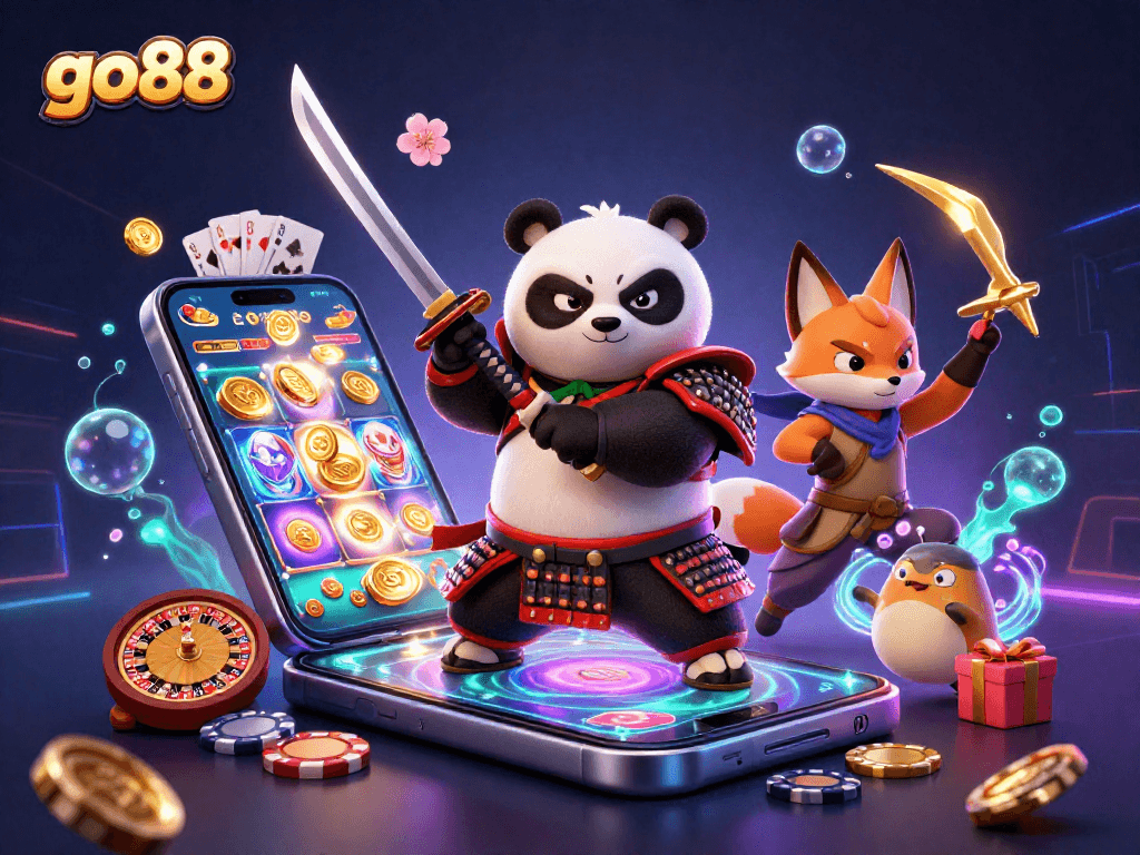 Engage with go88's exhilarating slot experience featuring a samurai panda and golden shuriken.