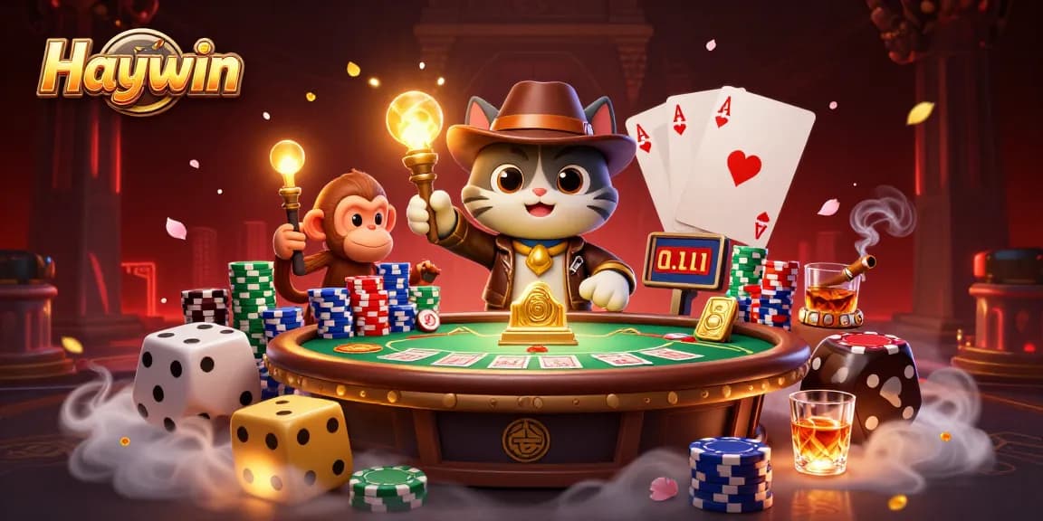 Haywin game strategy illustrated with explorers discovering casino artifacts and poker elements.