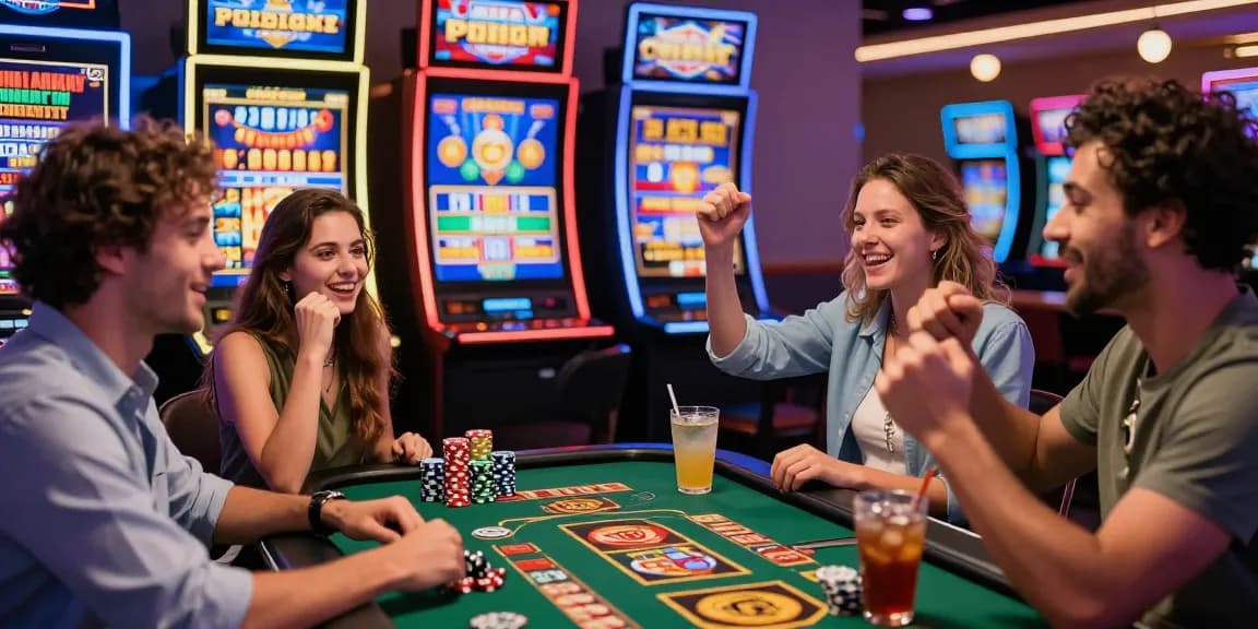 Exciting gameplay at credit card casinos with friends celebrating a win amidst glowing slot machines and vibrant atmosphere.