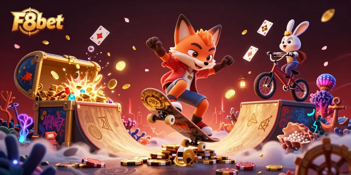 Experience thrilling wins and fun at F8bet with vibrant casino-themed characters and dynamic gaming elements.