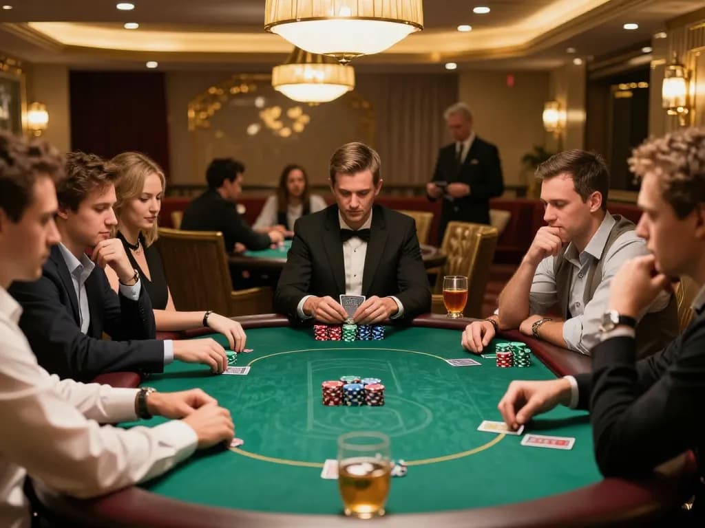 Players strategizing their bets at 99OK poker table in luxurious VIP setting, emphasizing high-stakes excitement.