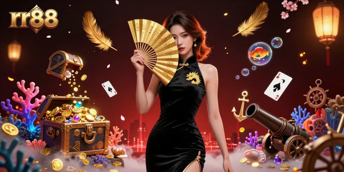 Experience thrilling action at rr88 with a stunning Asian woman radiating elegance amidst rich underwater treasures.