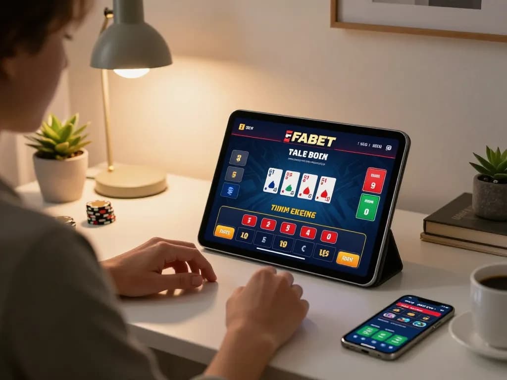 Engaging gaming experience at fabet11 with a tablet showing live dealer action in a cozy home
