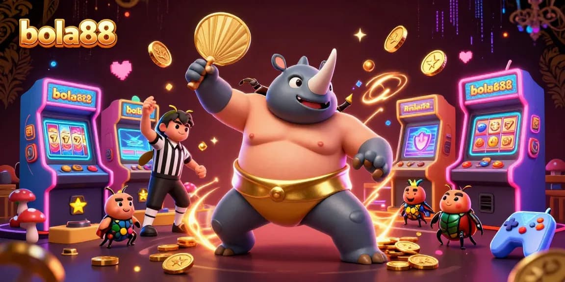 Bola88 engages players with a colorful illustration of a sumo beetle champion amidst slot machines and gold coins.