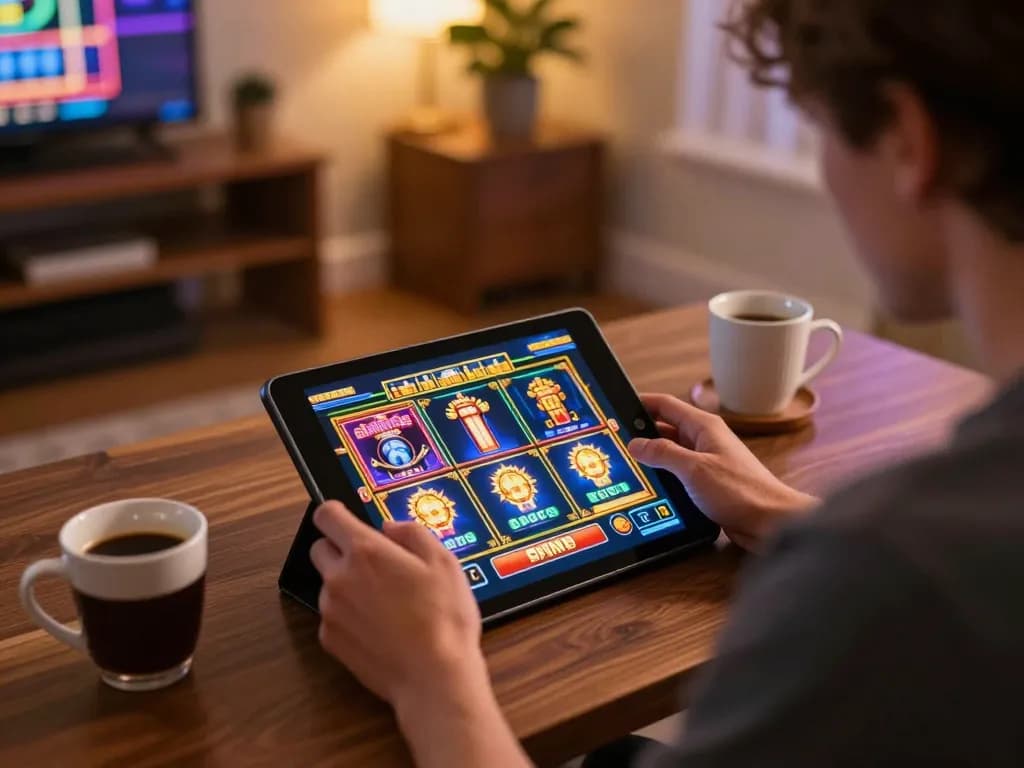 Play online slots at IDC88JOKER on a tablet in a cozy home gaming setup
