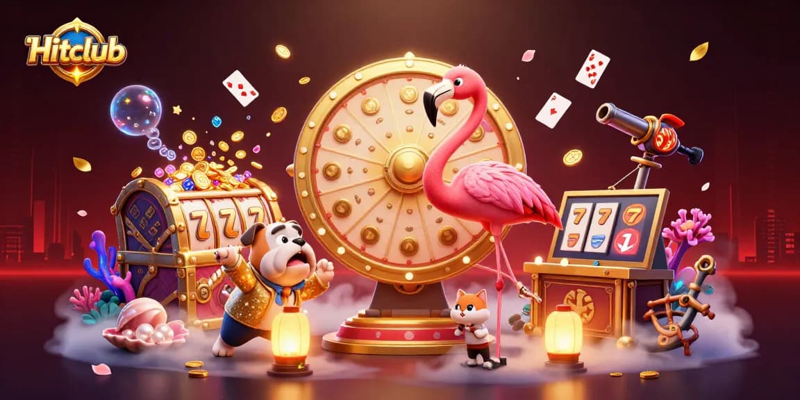 Hitclub scene showcases vibrant gameplay with treasure, spinning slots, and animated characters for an engaging experience.
