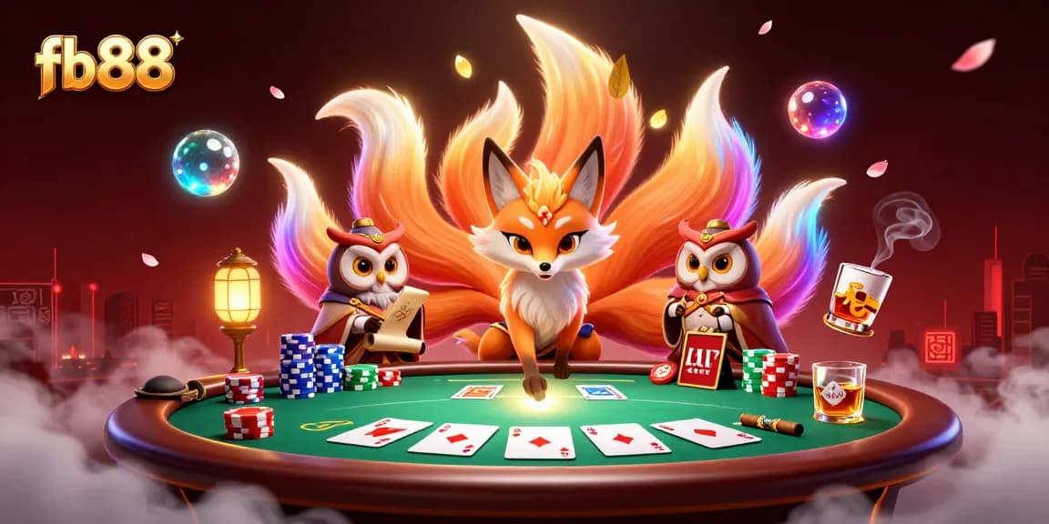 Watch the glowing nine-tailed fox and wise owl celebrate winning strategies at fb88 poker tables.