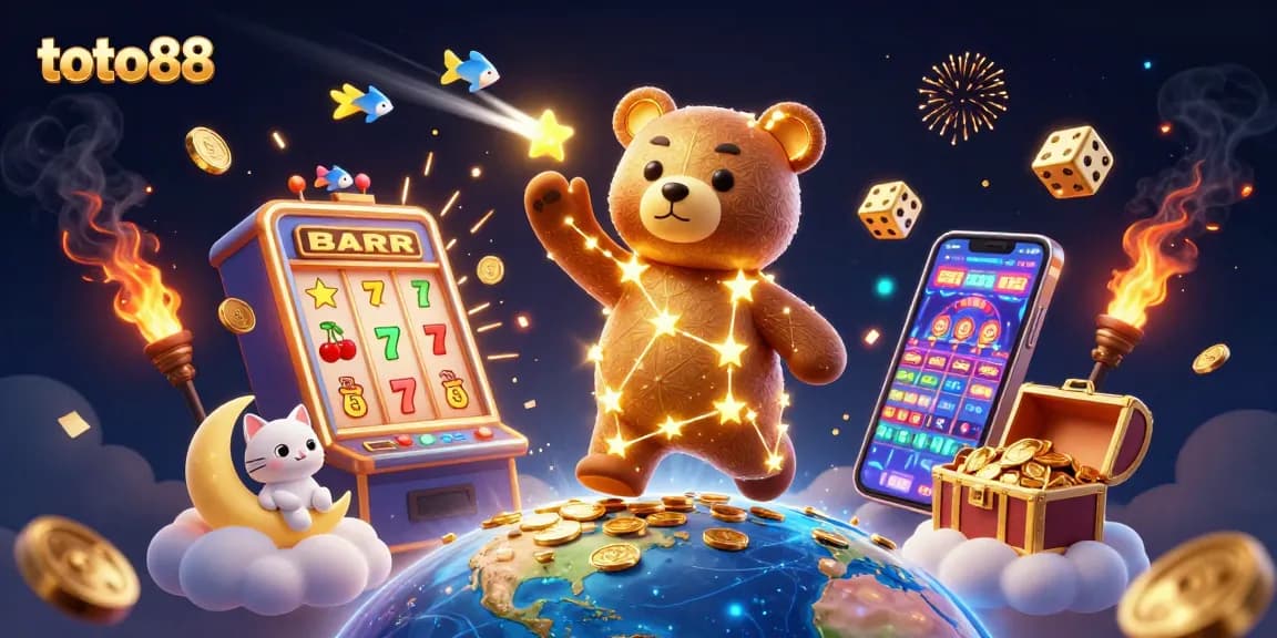 Experience thrilling wins on toto88 with a vibrant 3D casino scene showcasing lucky slots and rich rewards.
