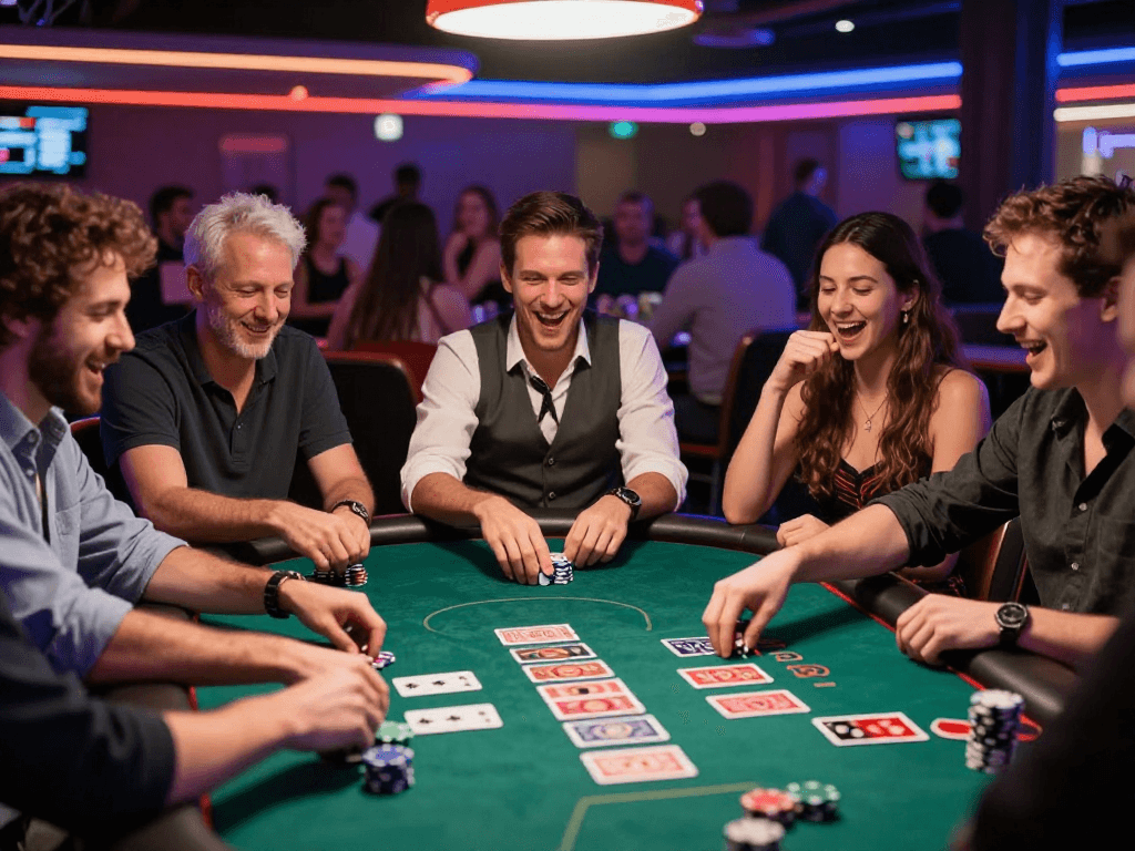 Kelompok teman merayakan kemenangan di meja poker di https://bos88ap.com/ dengan chips dan kartu poker menyebar, suasana penuh energi.