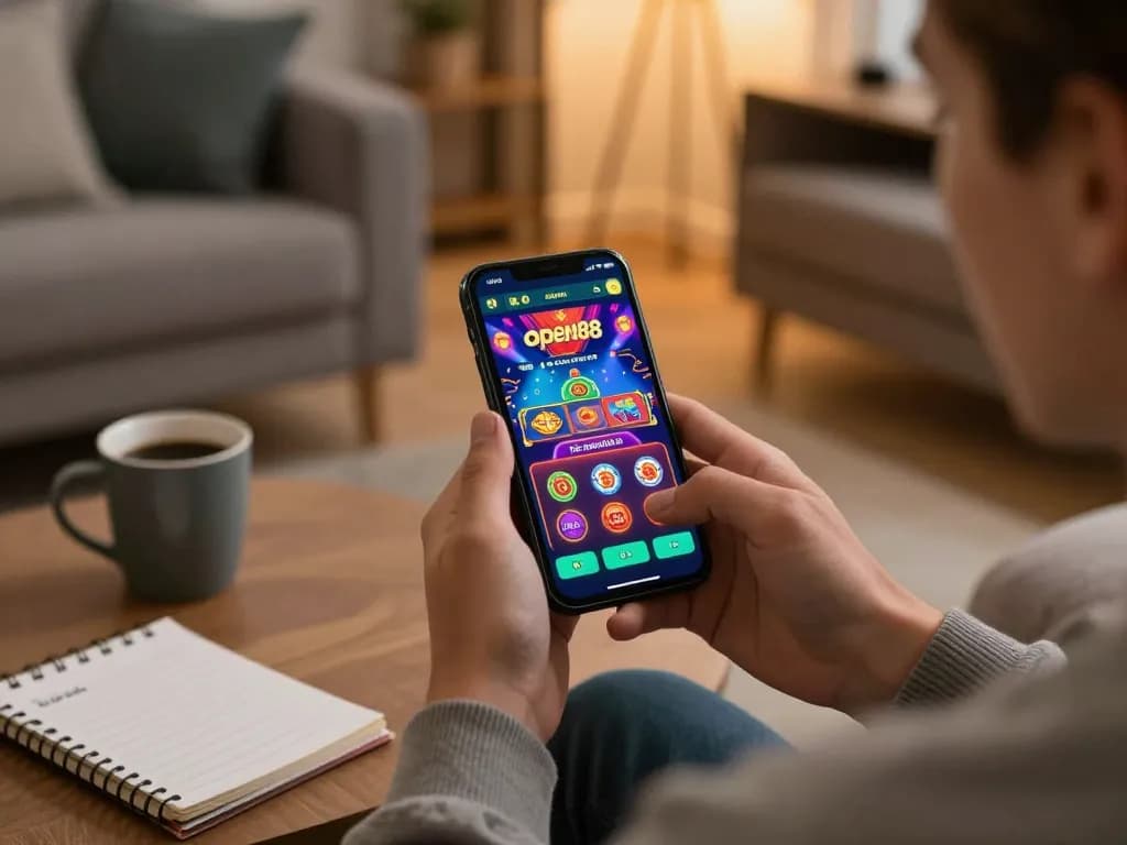 Engaging with open88 app for online gaming in a cozy living room setting.