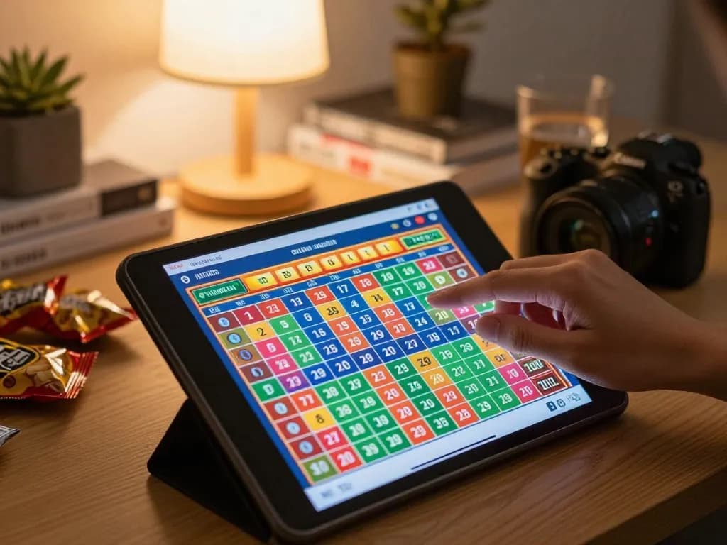 Engaging online togel gaming scene showcasing a player placing bets on a tablet in a cozy living room.