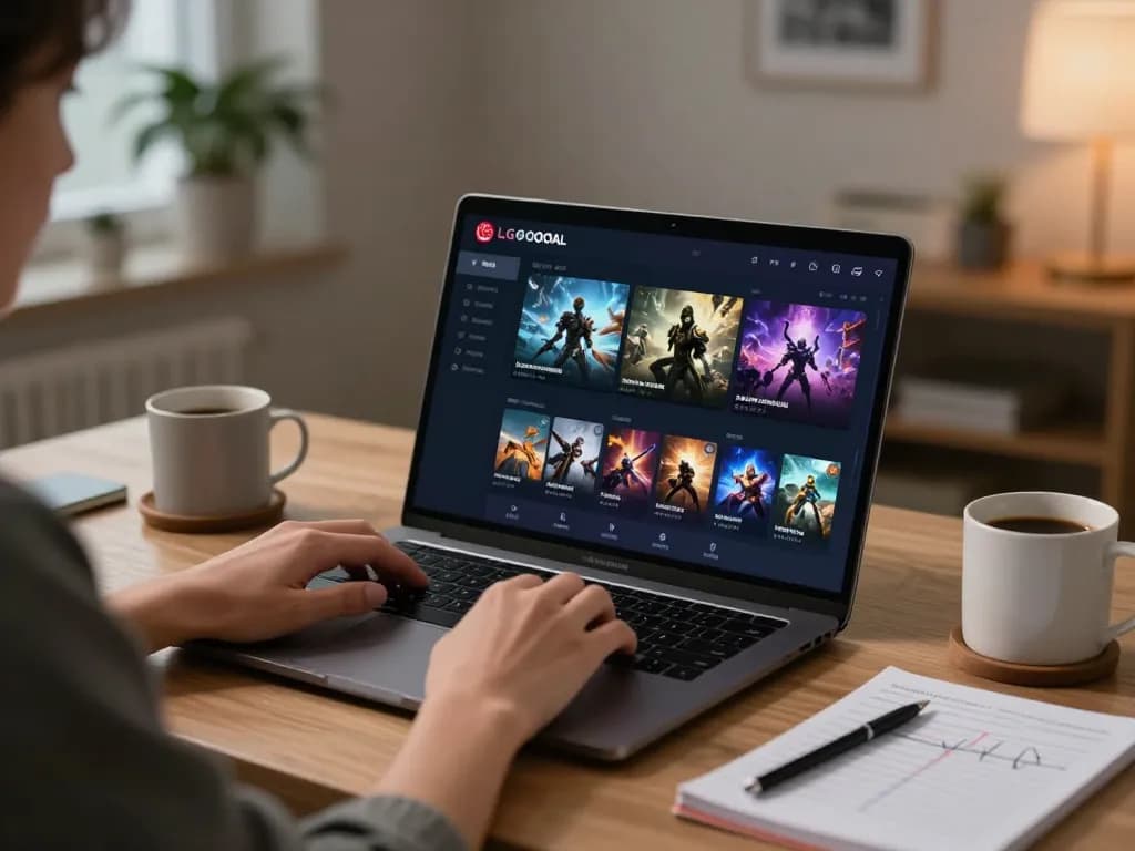 Engaged player enjoying LGOGOAL online gaming platform on laptop in cozy home setting.