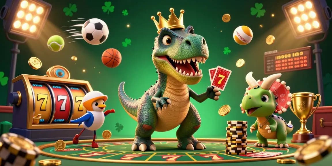 C168 casino scene with a T-Rex shuffling cards, a pterodactyl helping, and a triceratops stacking chips.