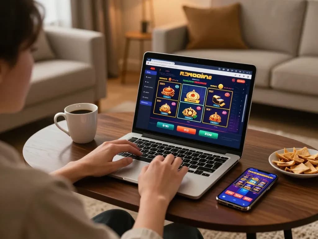 Engaged user playing at nhà cái fun79 on a laptop, showcasing online casino gameplay.