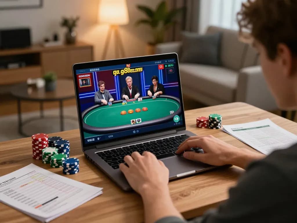 Engaged player strategizing poker on their laptop from home, exemplifying gg88 com online gaming experience