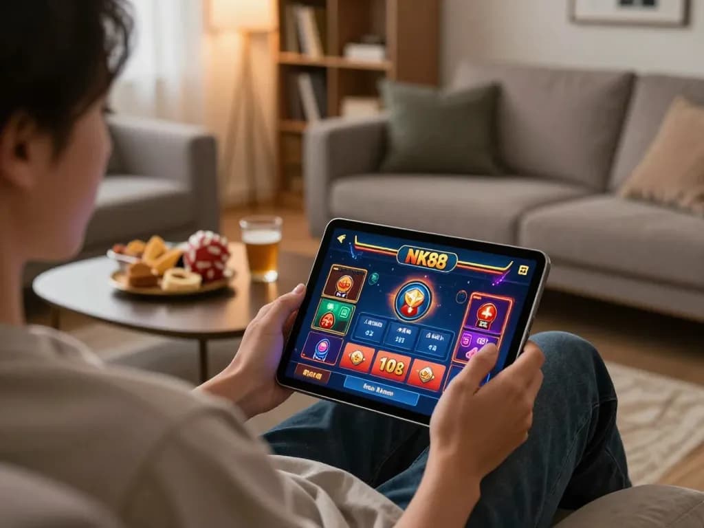 Player enjoying NK88 casino app on tablet in cozy home setting, showcasing engaging gameplay.