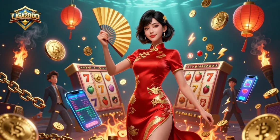 Scene slot online LIGA2000 yang menekankan permainan yang hidup dengan gulungan slot dan koin emas di sekitar pemain yang percaya diri.