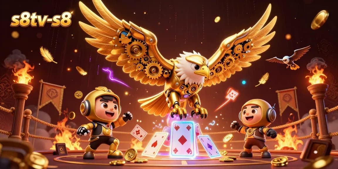 S8TV-S8 showcases thrilling betting action with a cybernetic eagle amidst a vibrant gambling scene.
