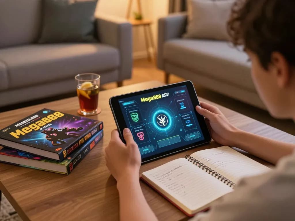 Player engaging with Mega888 APK while strategizing in a cozy home setup.