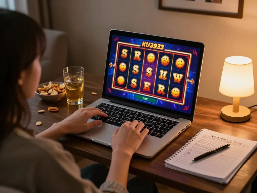 Player enjoying online slots at KU3933 in a cozy living room, highlighting engaging gameplay.