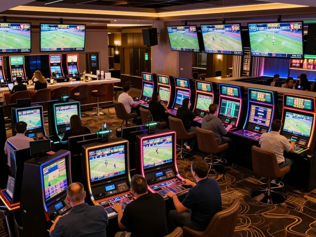 Engaged bettors at dash88 placing wagers in a lively sports betting lounge.