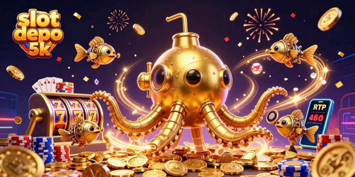 Engage with slot depo 5k through an exciting 3D scene featuring a golden kraken amidst winning slot machine symbols and coins.