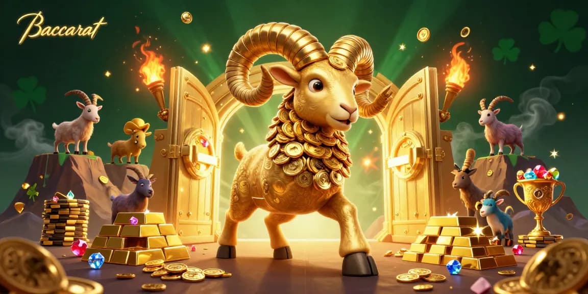 Baccarat game scene with golden ram charging through a treasure vault, surrounded by riches and lively casino elements