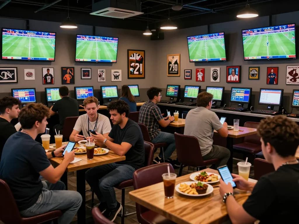 Fans engaging in keo truc tuyen betting while watching live soccer matches in a modern lounge.