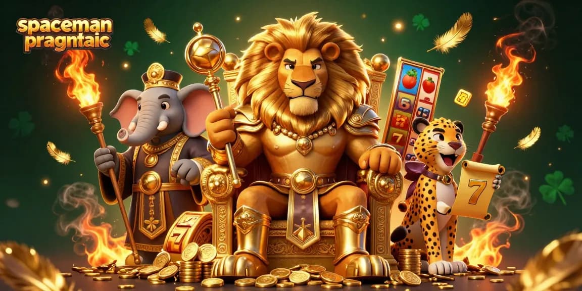 Win big with spaceman pragmatic in this vibrant 3D casino scene showcasing slot reels, a lion king, and golden coins.
