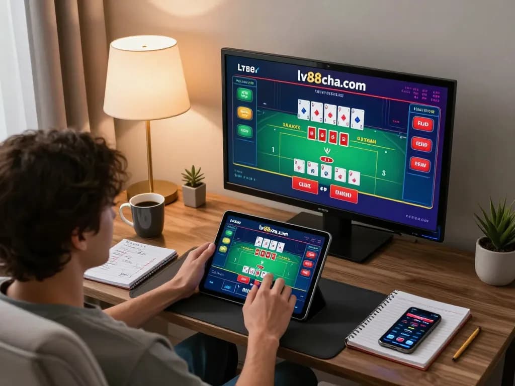 Engaging in live dealer blackjack on lv88cha.com from a stylish home gaming setup, emphasizing casual online gambling.