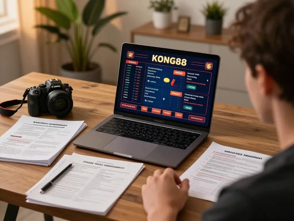 KONG88 player engaging in online gaming strategy at home, showcasing responsible gambling.