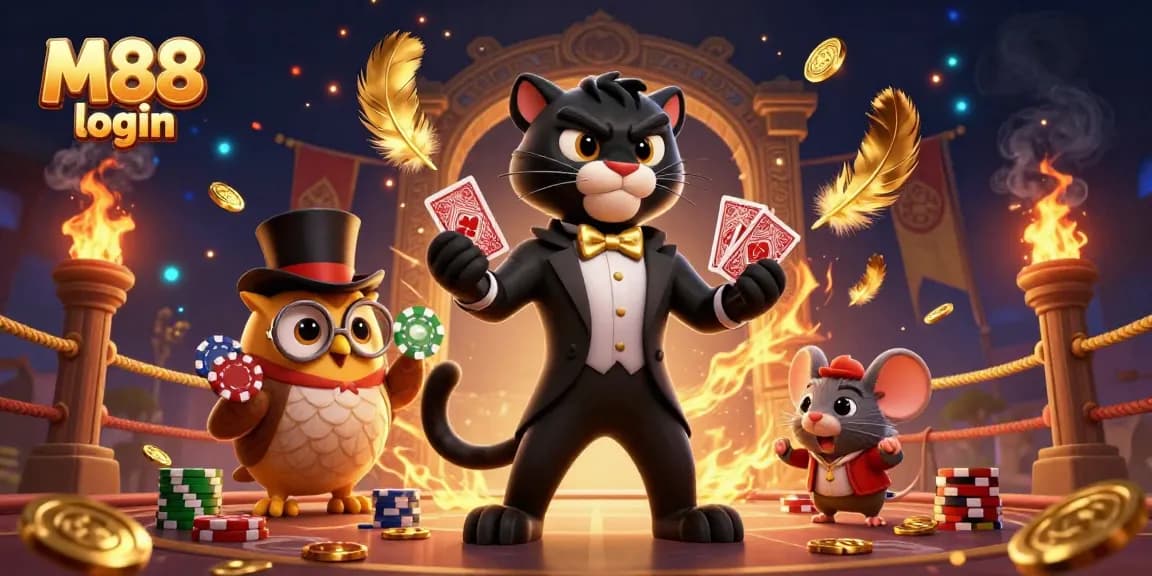 M88 login to enjoy thrilling games with a stylish black panther dealer amid vibrant casino elements.