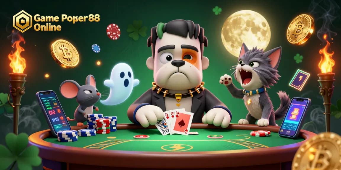 Experience the excitement of Game Poker88 Online with a whimsical digital poker illustration featuring a bulldog dealer.