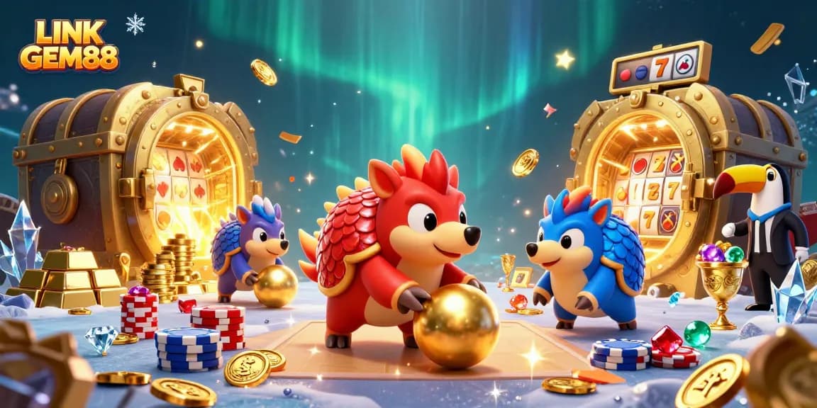 Experience the excitement of LINK GEM88 with rival pangolins bowling through poker chips in a vibrant casino.