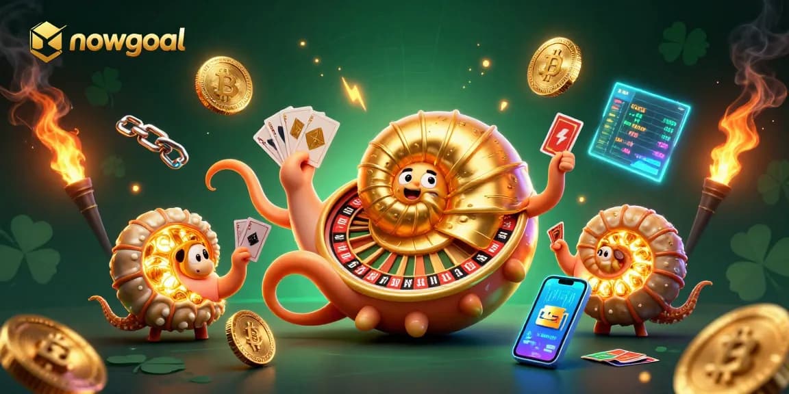 Experience nowgoal's excitement with a vibrant casino scene featuring a glowing nautilus roulette wheel and cards.