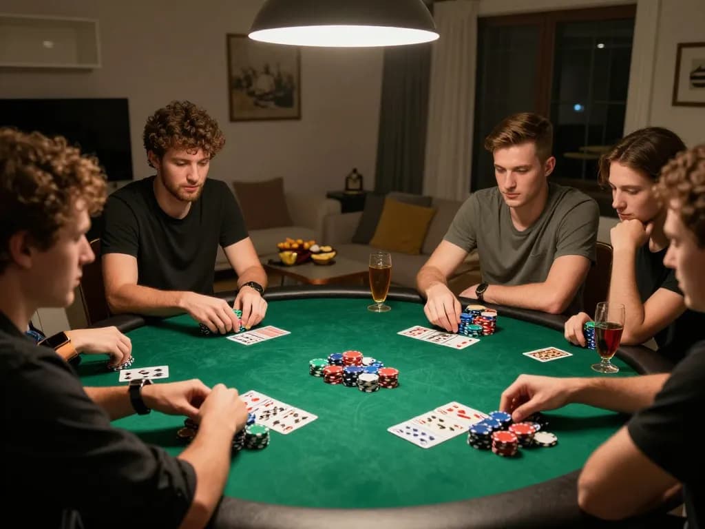xocdiaclub players enjoying an engaging poker game, showcasing colorful chips and strategy in a friendly home setting