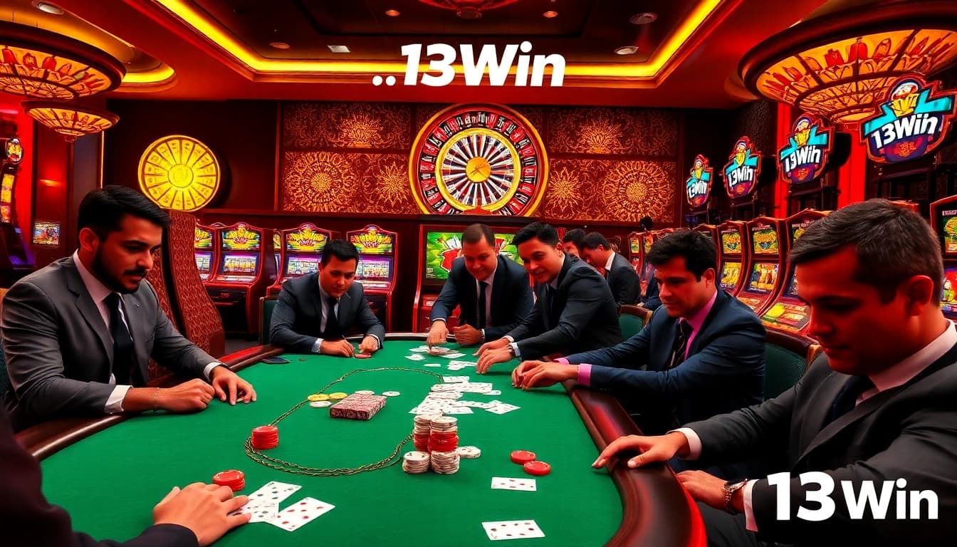Players enjoying a thrilling night at 13Win casino with poker chips and a roulette wheel.