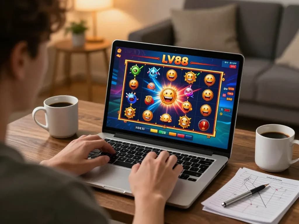 Engaging in an online slot game at LV88 while enjoying a cozy home setting.