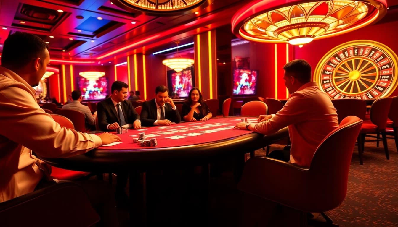 Players experiencing the thrill of poker and roulette at red88 casino under bright lights.