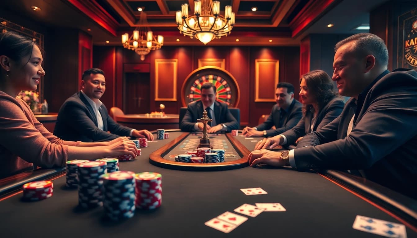 NK88 casino scene with players at a poker table, vibrant chips, and roulette wheel.