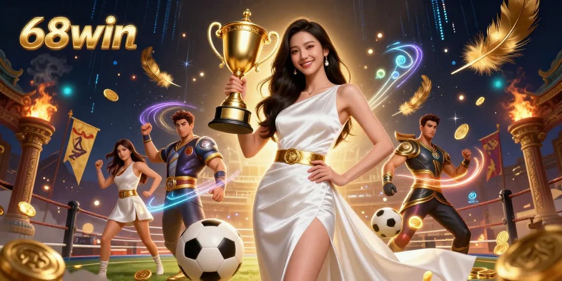 Experience thrilling wins at 68win with a stunning Asian woman celebrating victory holding a trophy, amidst captivating sports betting elements.