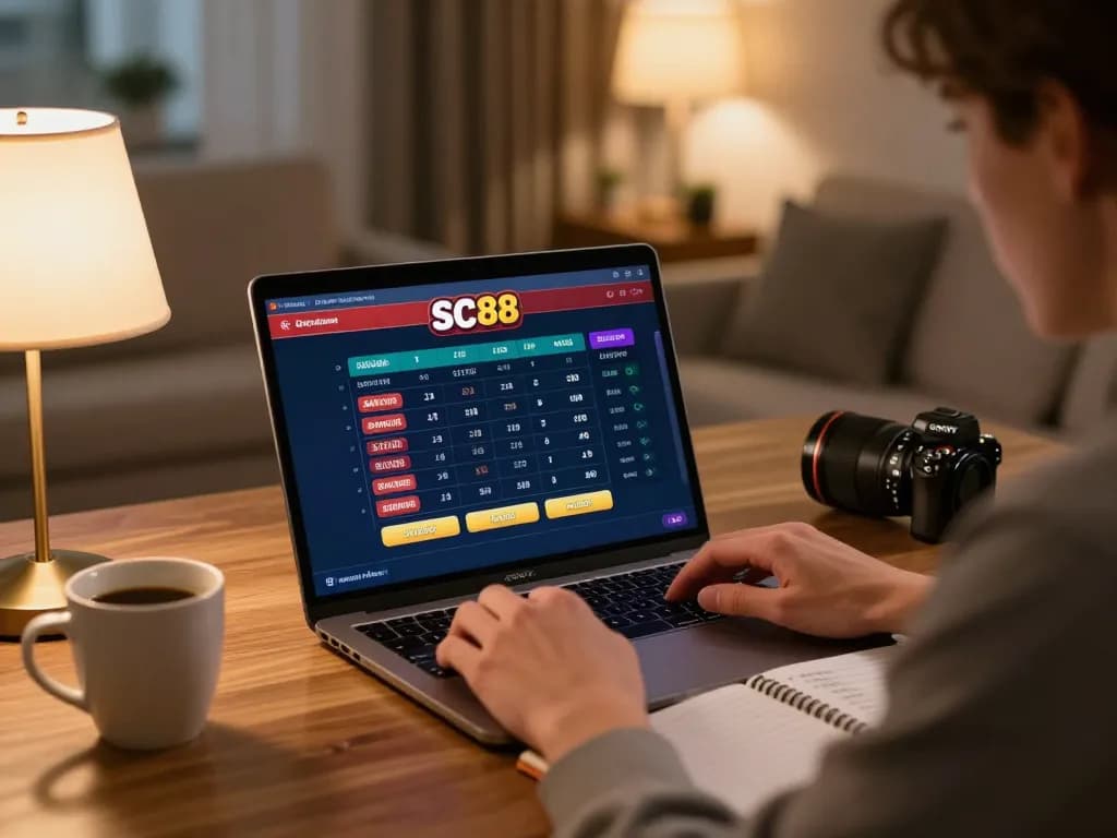 Player enjoying online gaming with SC88 app on laptop while taking notes in cozy home setting