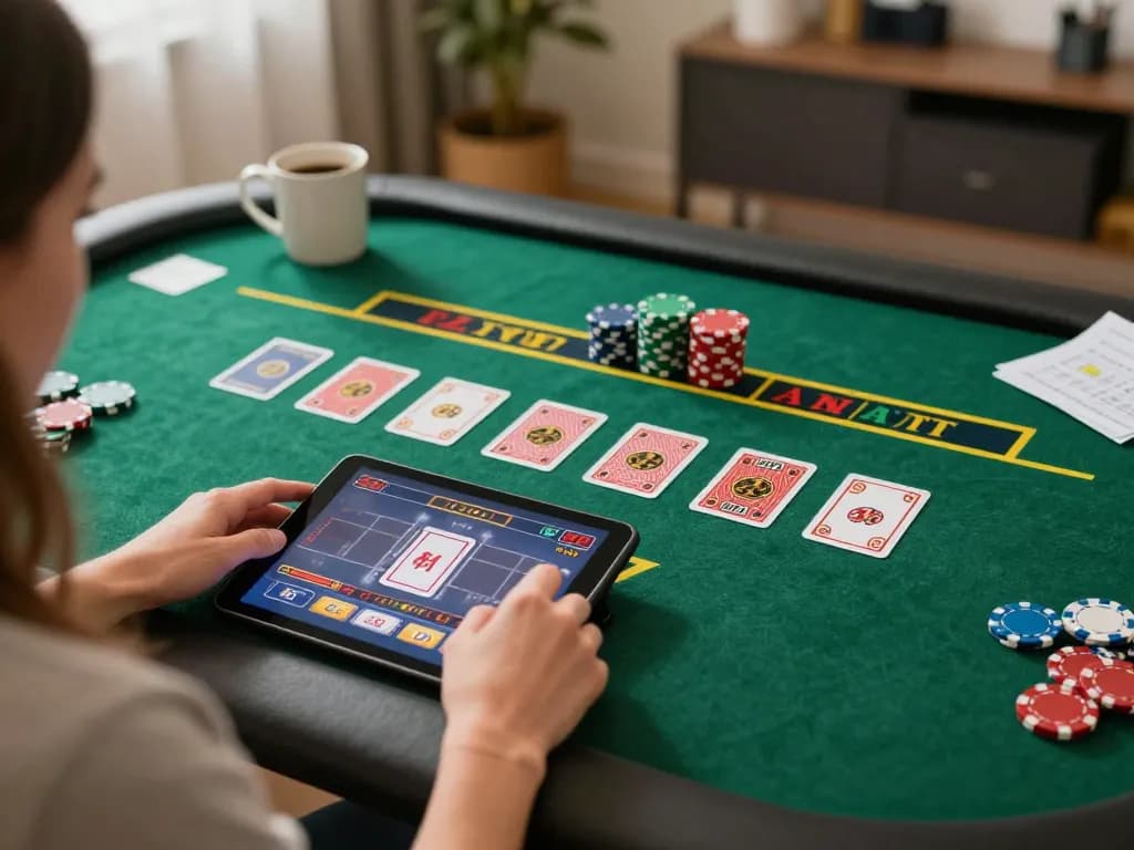 Engaging in Pragmaticplay online card game on tablet at home with strategic notes and warm ambiance