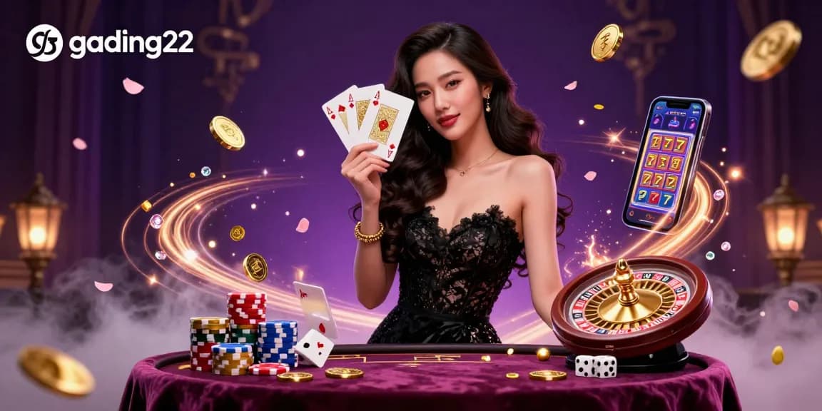 Experience gading22 excitement with a captivating casino scene featuring a glamorous dealer and vibrant game elements.
