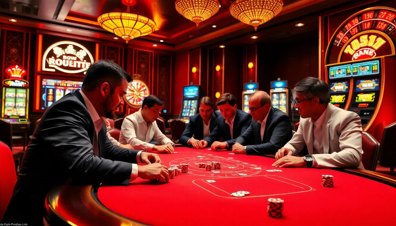 Dynamic casino action featuring players at kp88 poker table and roulette wheel.