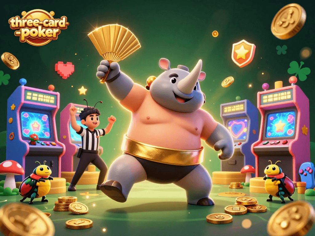 Experience the excitement of three-card-poker with a dynamic illustration showing a beetle champion and vibrant gaming elements.
