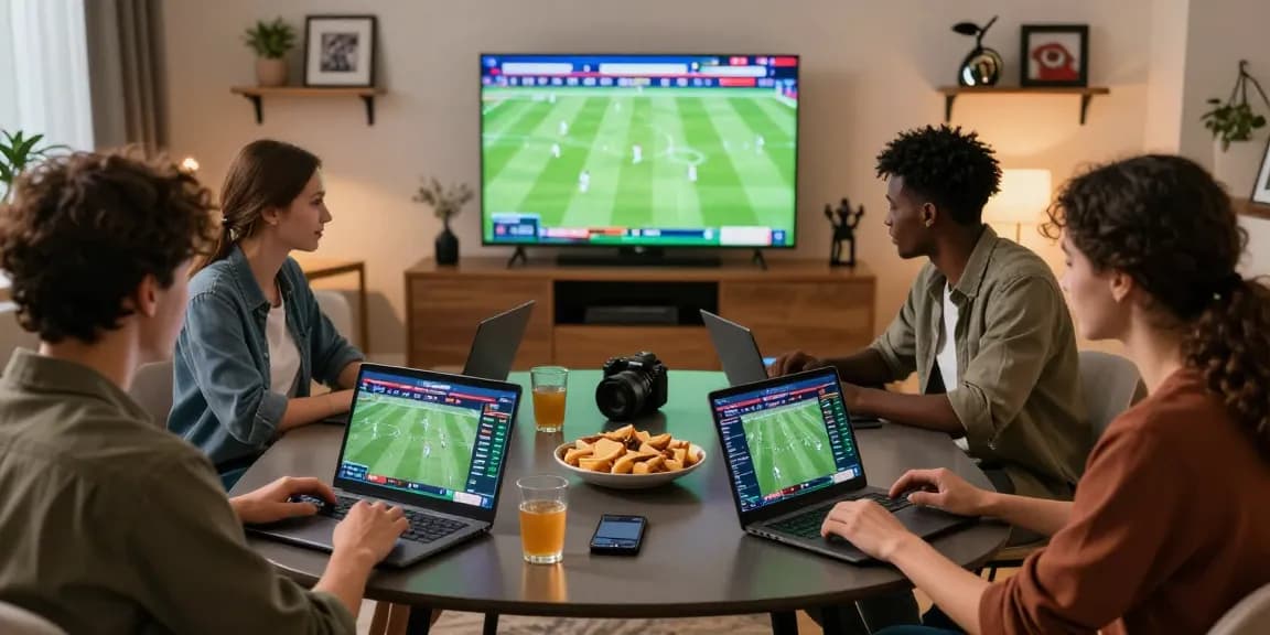 Group analyzing Prediksi Bola Malam Ini on a modern sports betting platform with live event displays, creating a lively atmosphere.