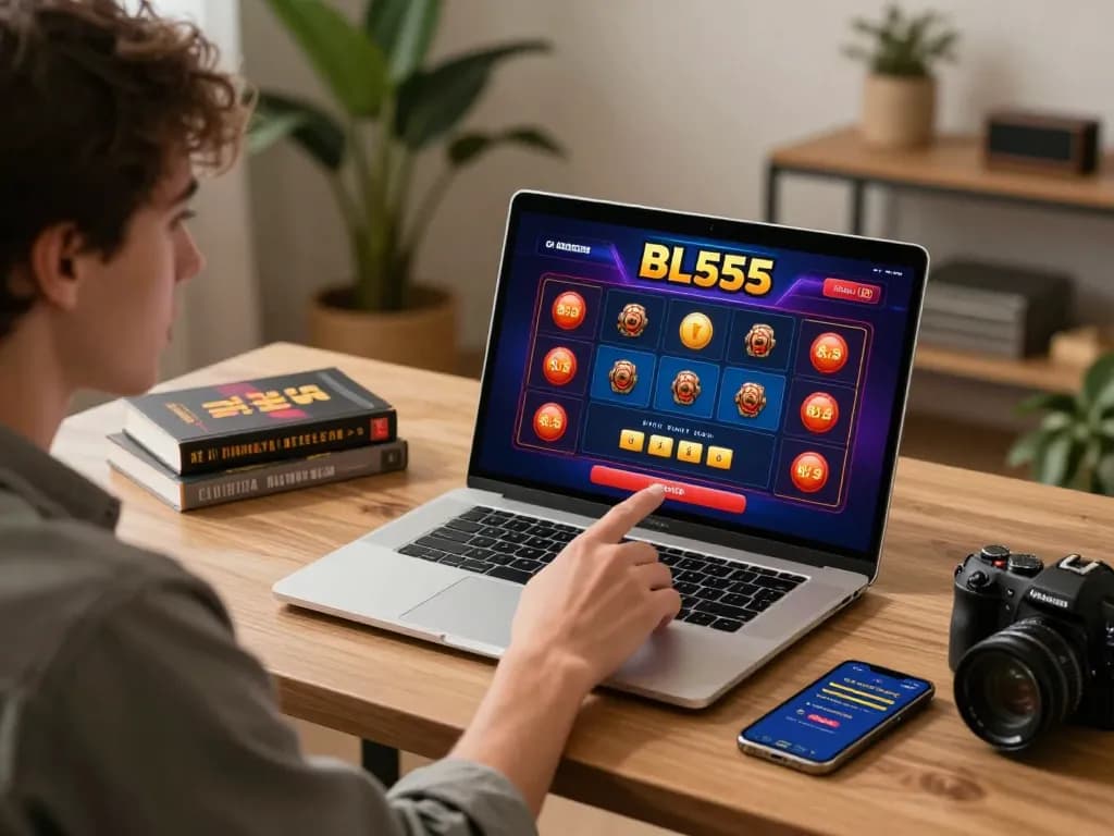 Player engaging with BL555 casino interface on a laptop, illustrating online gaming excitement.