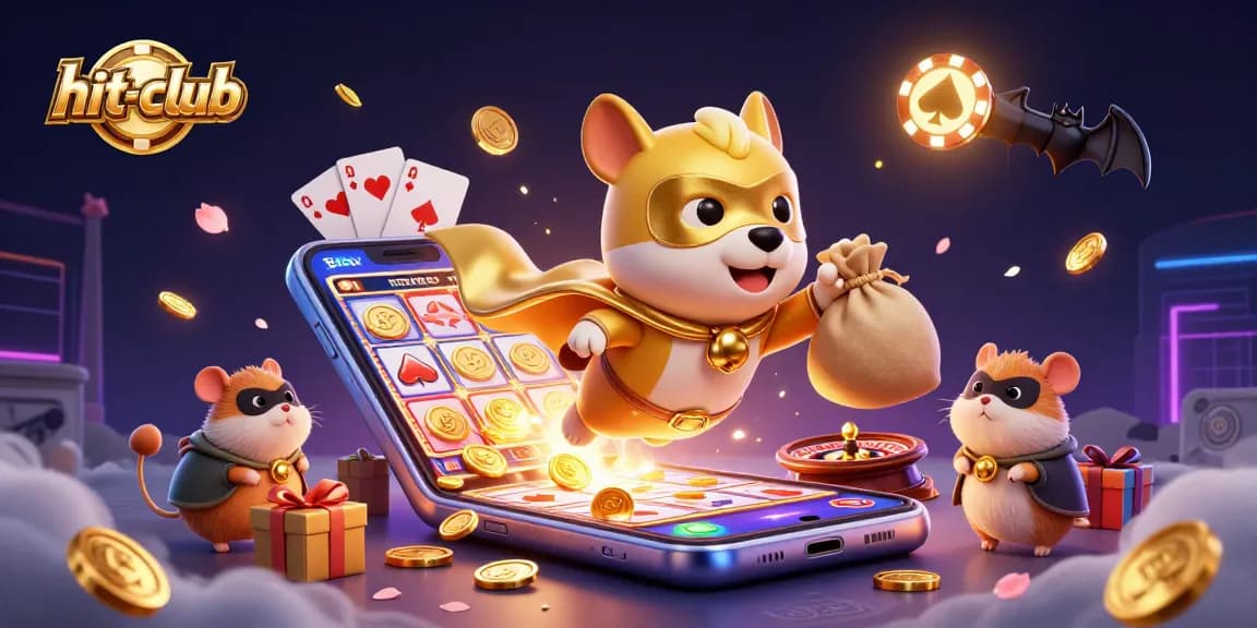 hit-club superhero dog soars with gold coins amidst dynamic casino games and vibrant visuals