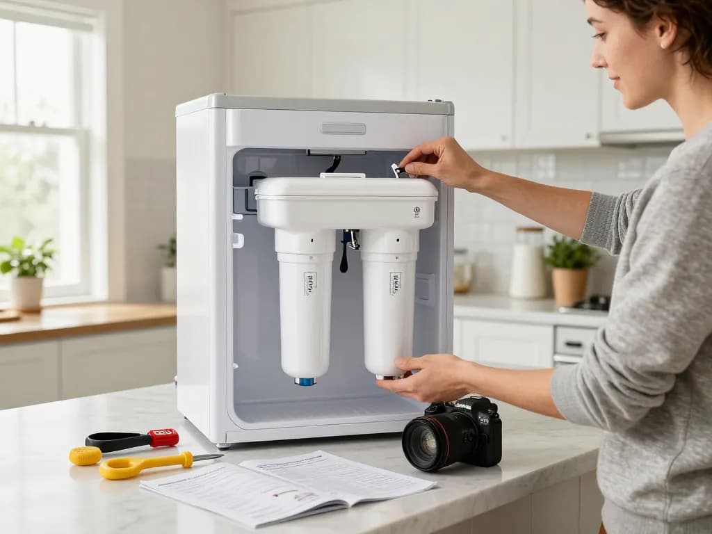 Homeowner replacing Filterlogic FL-RF13 Replacement for GE® MWF® filter in a modern kitchen.